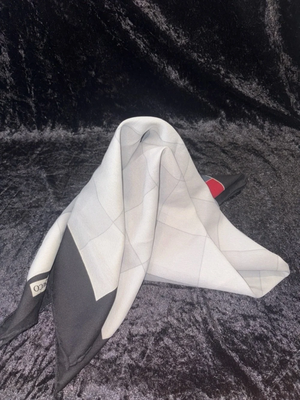 Olga Greco Vintage Geometric Square Silk Scarf Black Gray Red Art Deco Chic